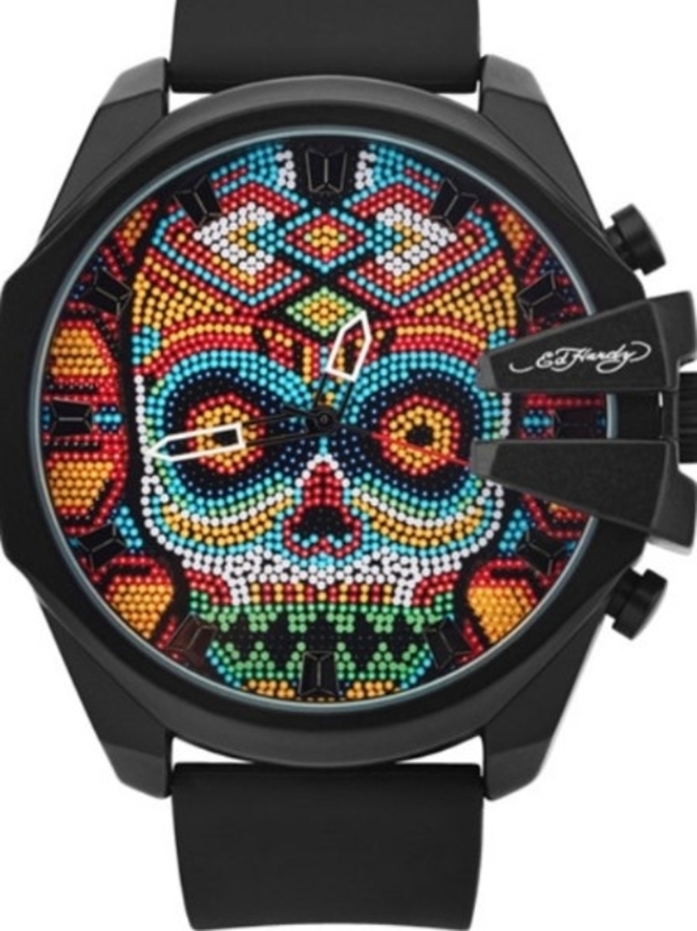 Ed Hardy Black Silicone Watch with Multicolor Day of the Dead Skull Dial